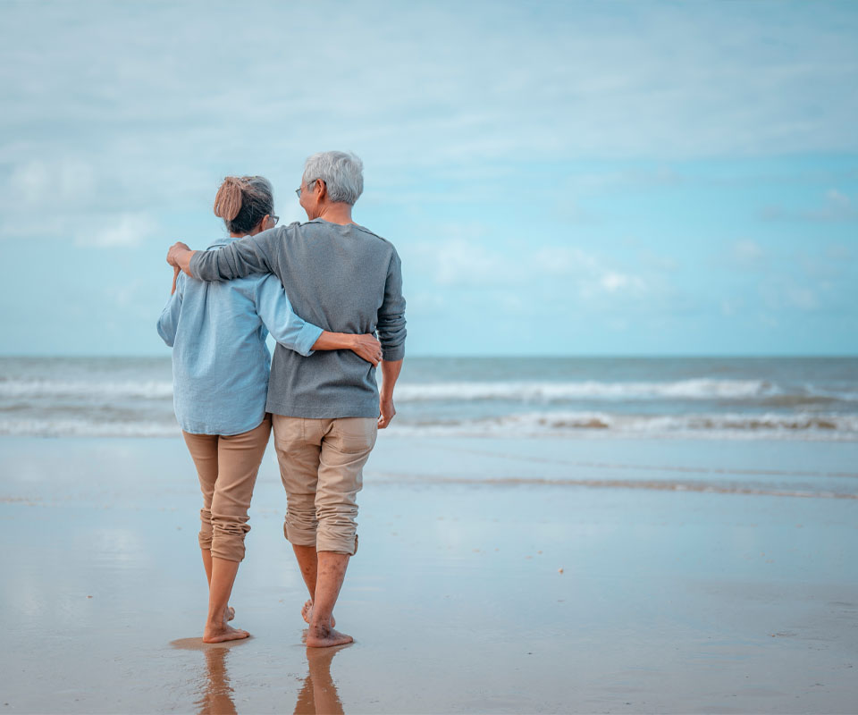 Image showing an older couple walking on the beach