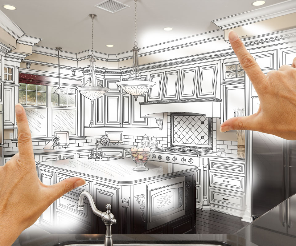 Image showing a close up of a pair of hands held up with an architect's drawing of a kitchen in between