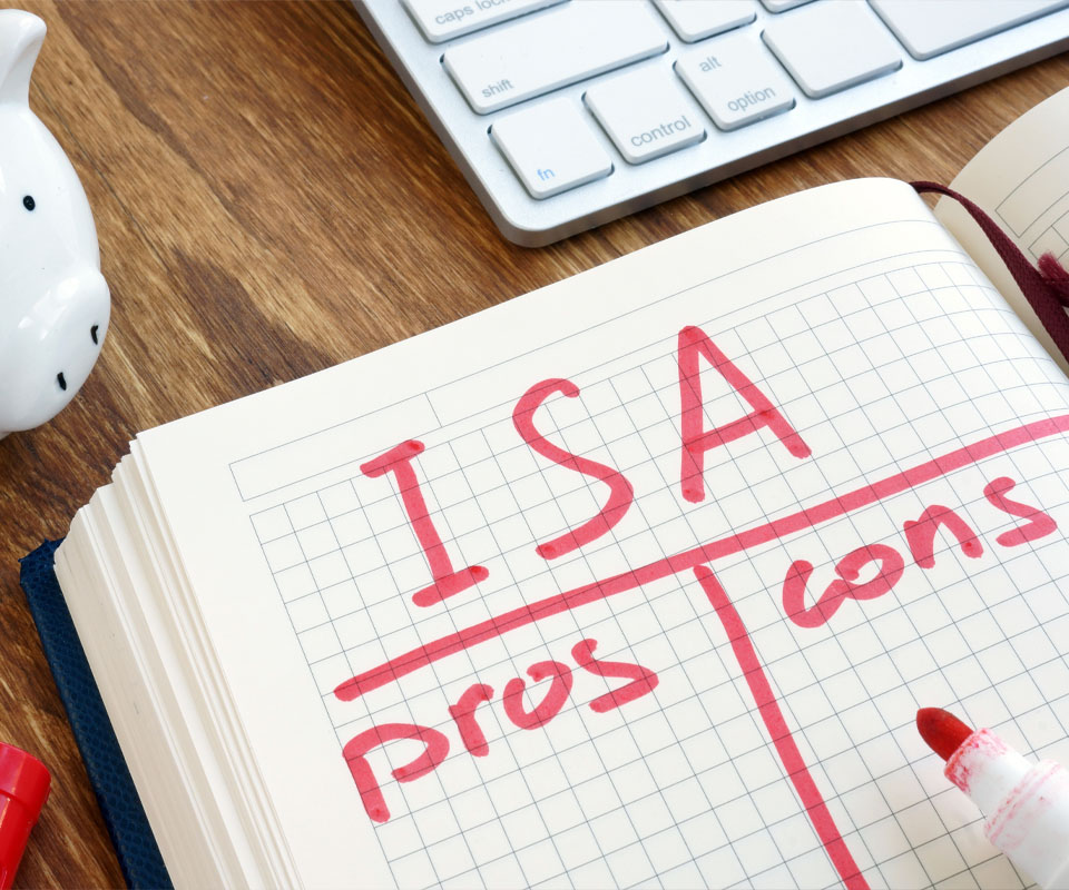Image showing a notebook with the word "ISA" at the top and then columns for "Pros" and "Cons"