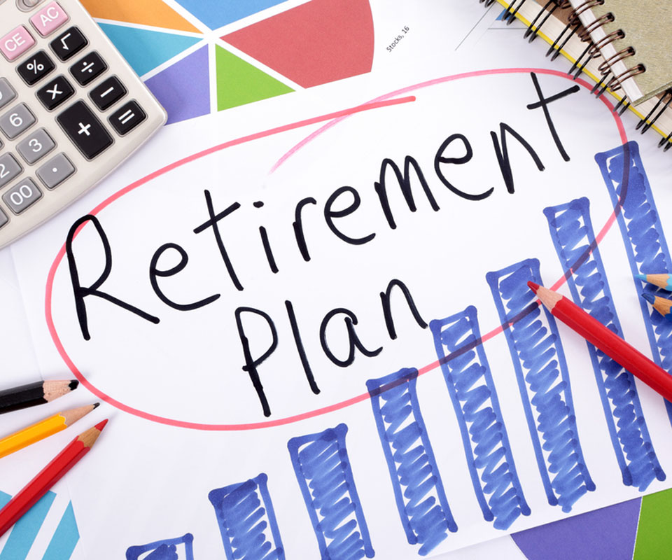 Image showing a notebook with some graphs drawn on it and the words "Retirement plan"