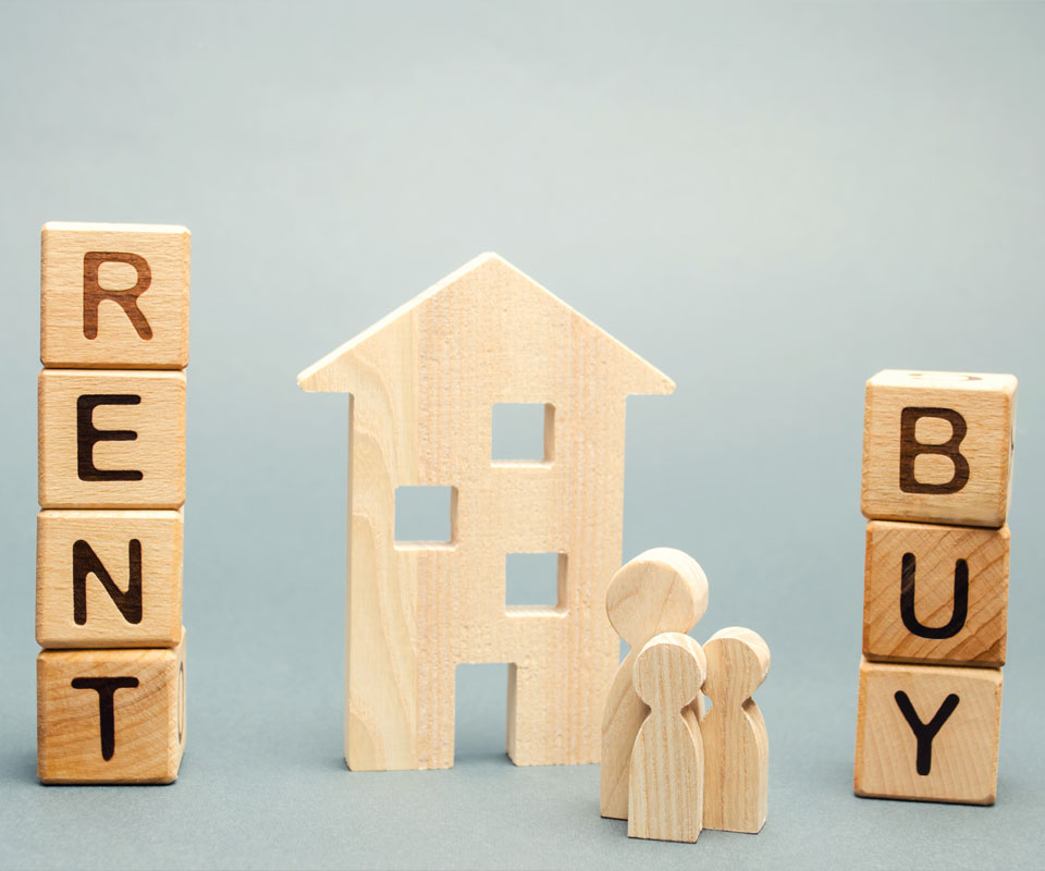 Image showing a model house and family with wooden blocks on either side spelling out "Rent" and "Buy"