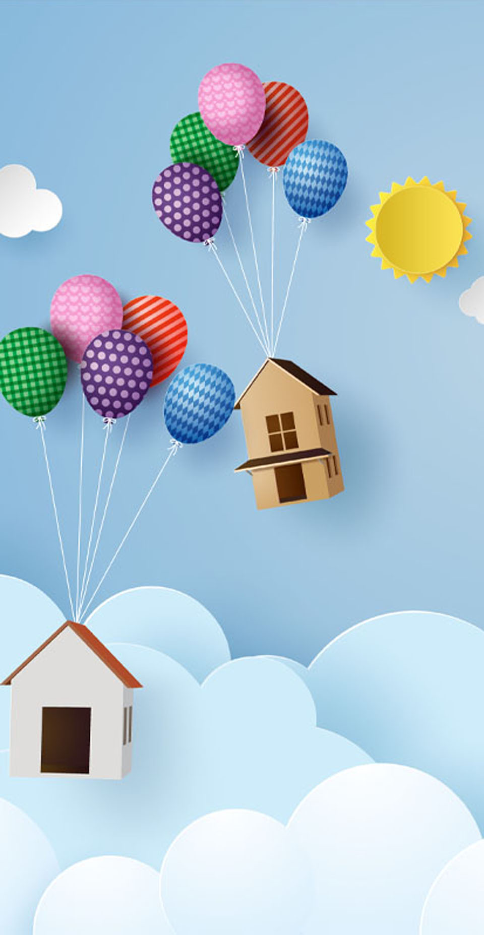 Image showing a model of house floating in the sky with balloons attached to them
